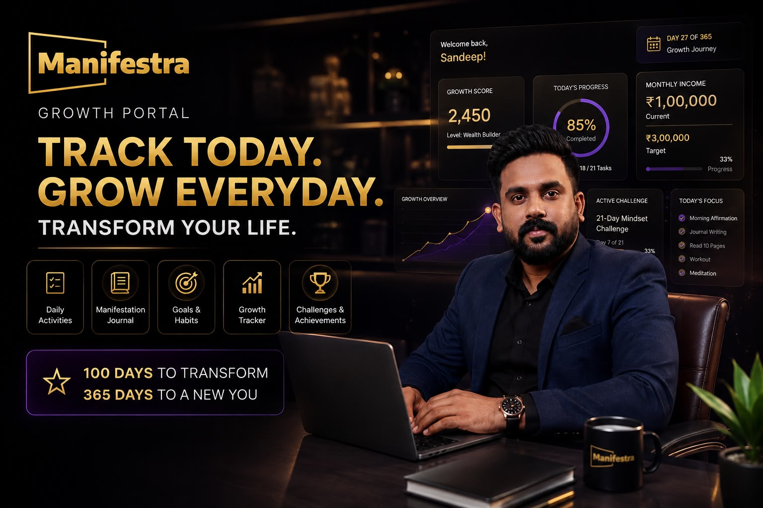 Manifestra Growth Portal dashboard showing growth score, today's progress and monthly income